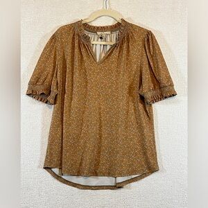 Les Serein Orange Floral Silky Ruffle Blouse Top Short Sleeve Size L Women NWT